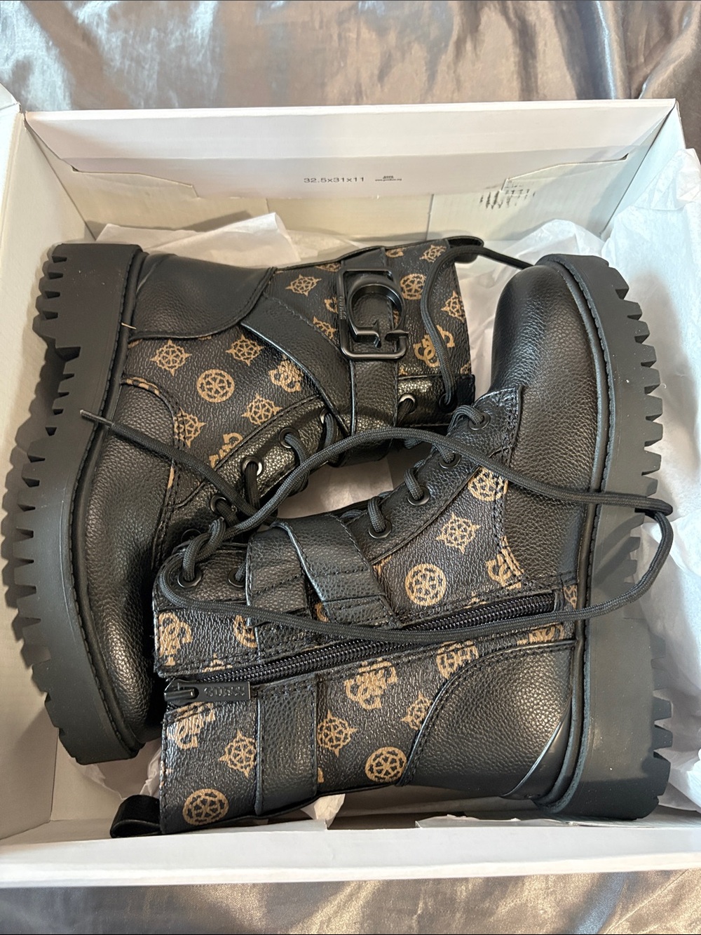 Guess Black and Tan Logo Combat Boots